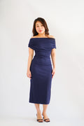 Nhaya Toga Off Shoulder Bodycon Maxi Dress in Dark Blue