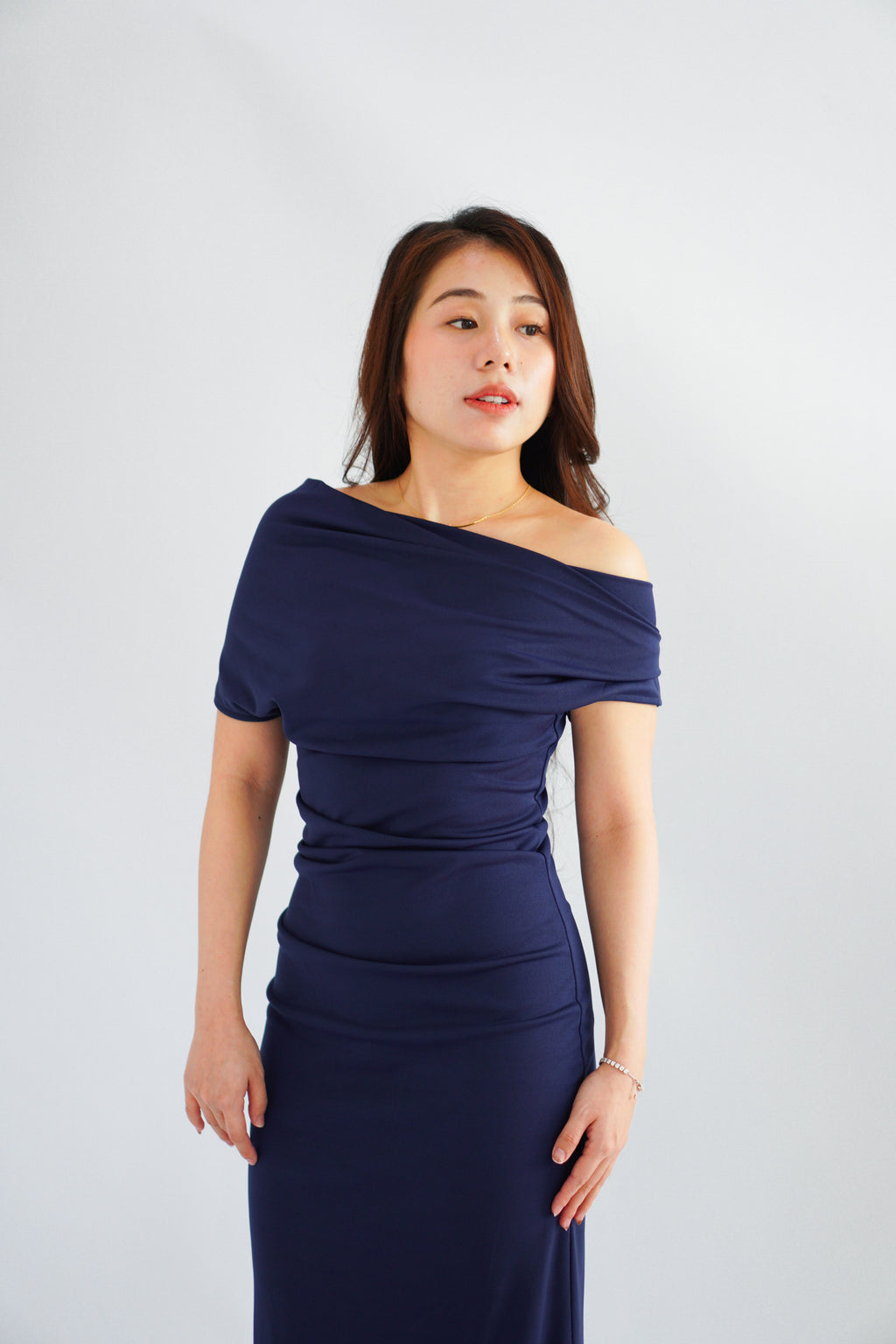 Nhaya Toga Off Shoulder Bodycon Maxi Dress in Dark Blue