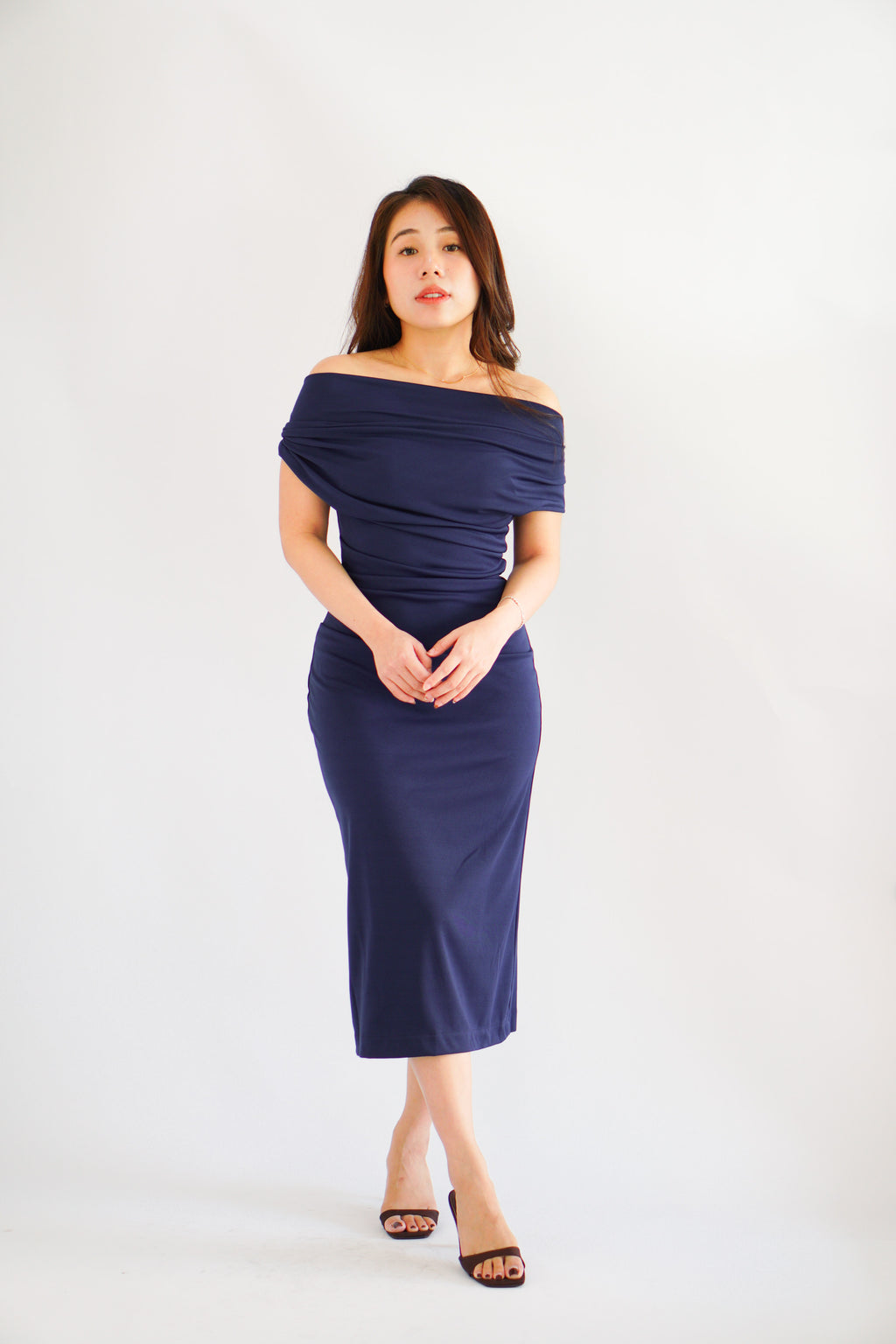 Nhaya Toga Off Shoulder Bodycon Maxi Dress in Dark Blue