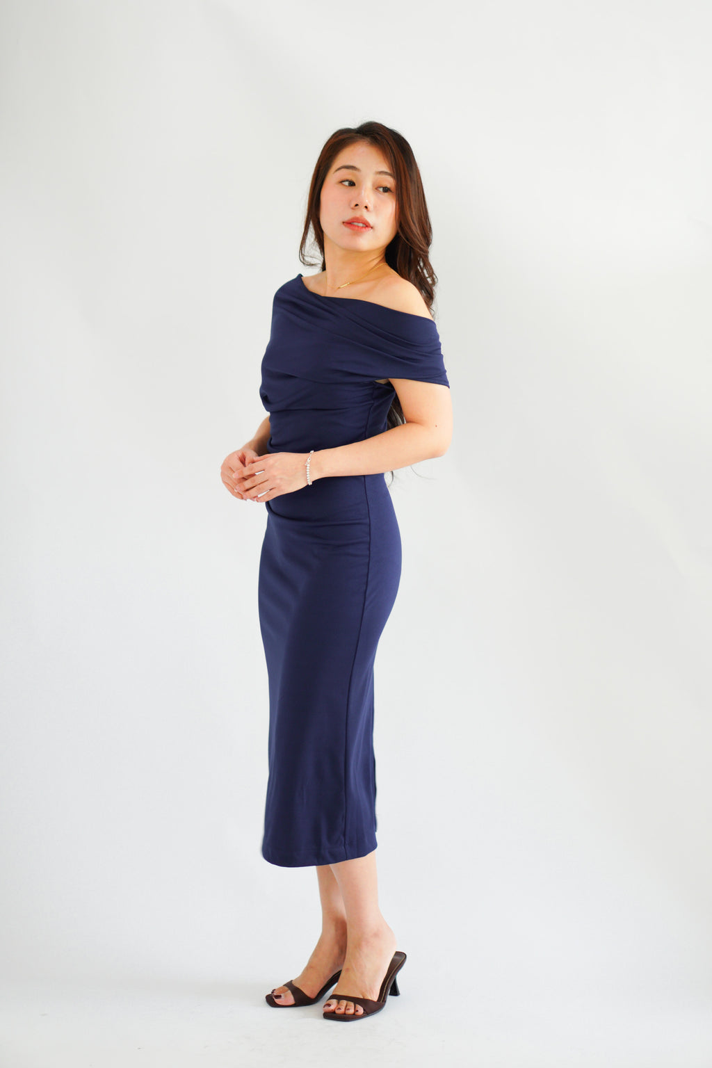 Nhaya Toga Off Shoulder Bodycon Maxi Dress in Dark Blue