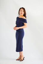 Nhaya Toga Off Shoulder Bodycon Maxi Dress in Dark Blue