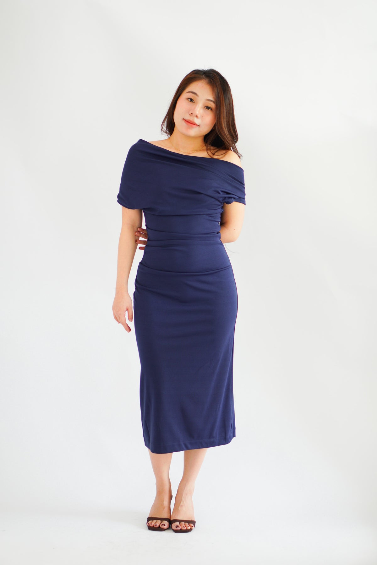 Nhaya Toga Off Shoulder Bodycon Maxi Dress in Dark Blue
