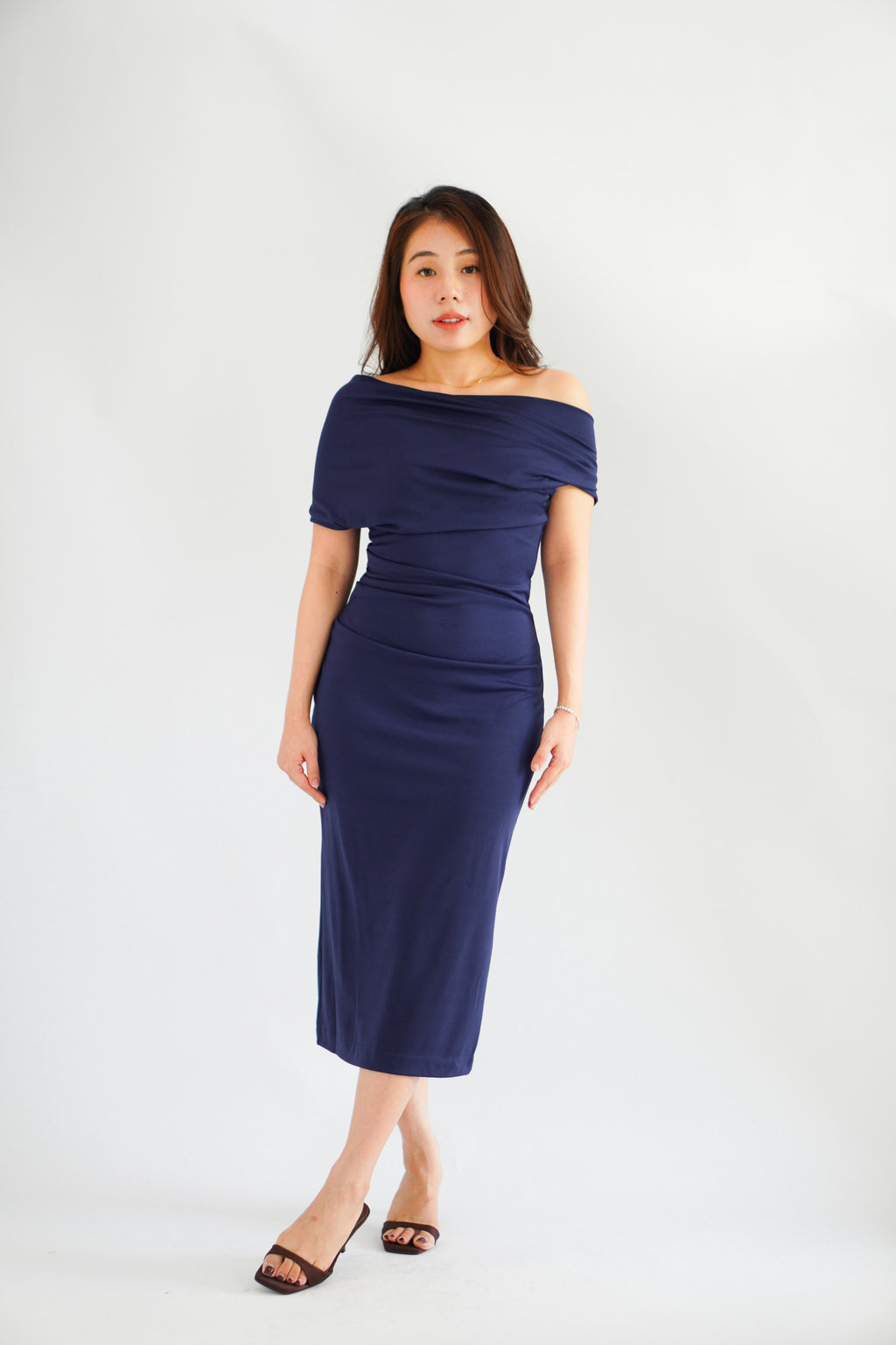 Nhaya Toga Off Shoulder Bodycon Maxi Dress in Dark Blue