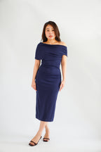 Nhaya Toga Off Shoulder Bodycon Maxi Dress in Dark Blue