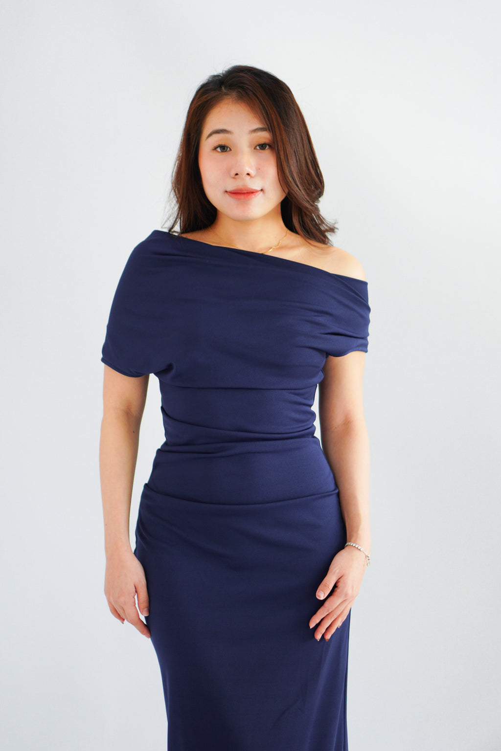 Nhaya Toga Off Shoulder Bodycon Maxi Dress in Dark Blue