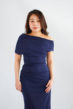 Nhaya Toga Off Shoulder Bodycon Maxi Dress in Dark Blue