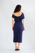 Nhaya Toga Off Shoulder Bodycon Maxi Dress in Dark Blue