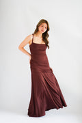 Waverly Ruched Drape Crossback Maxi Dress in Brown
