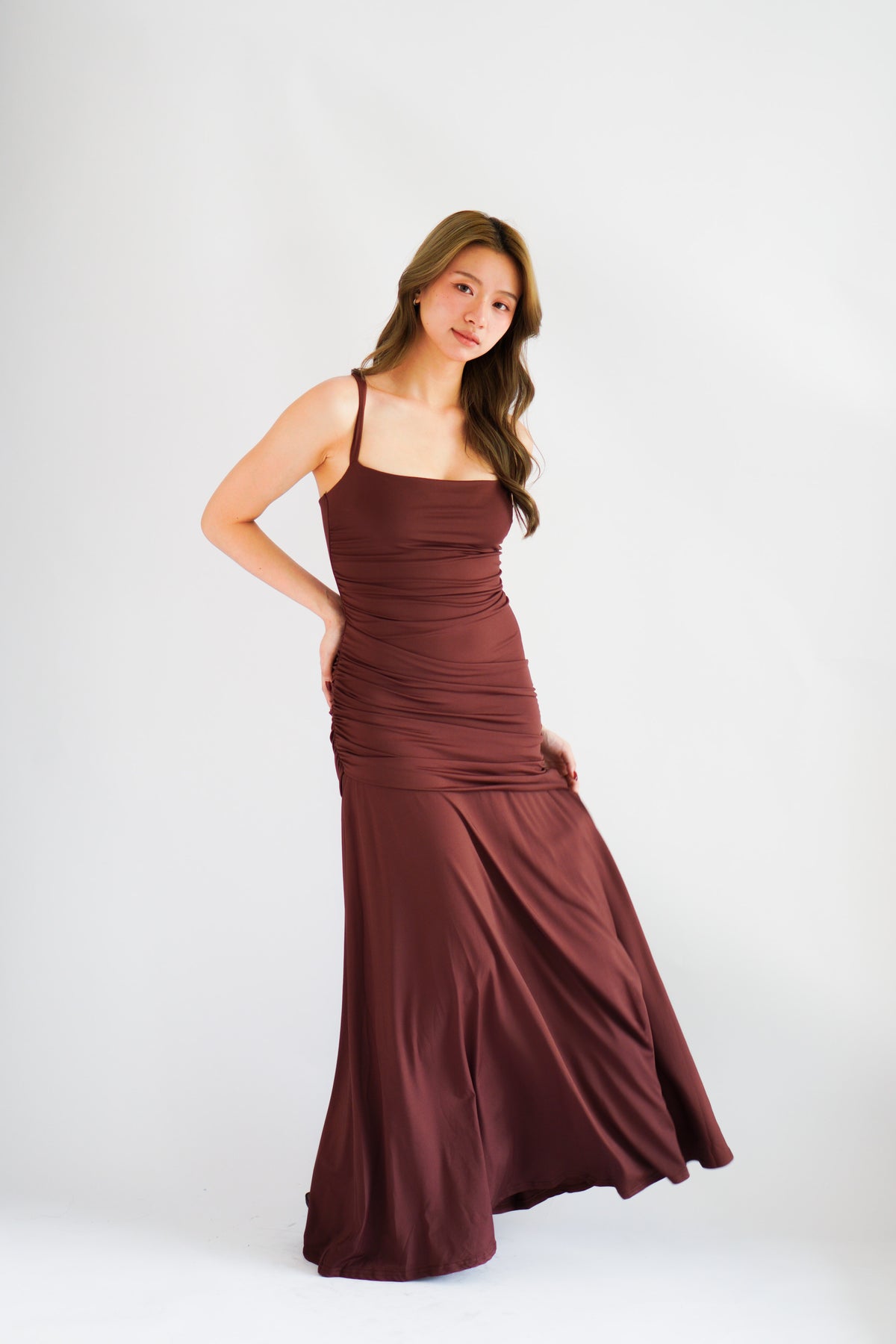 Waverly Ruched Drape Crossback Maxi Dress in Brown