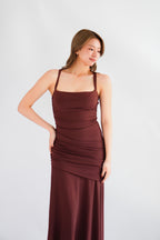 Waverly Ruched Drape Crossback Maxi Dress in Brown