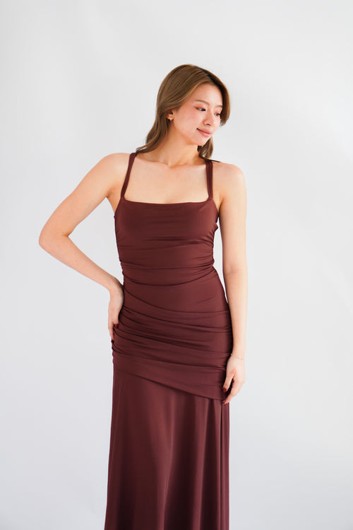 Waverly Ruched Drape Crossback Maxi Dress in Brown