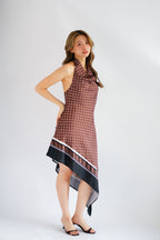 Briseis Halter Cowl Neck Polkadot Asymmetrical Dress in Brown