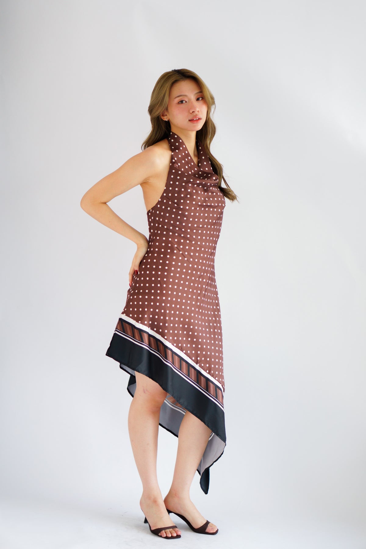 Briseis Halter Cowl Neck Polkadot Asymmetrical Dress in Brown