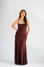 Waverly Ruched Drape Crossback Maxi Dress in Brown