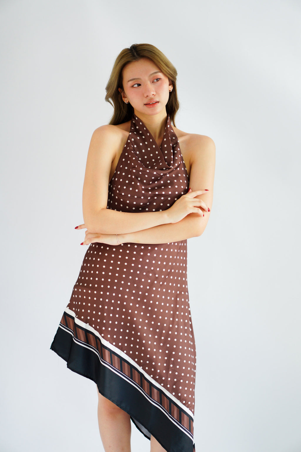 Briseis Halter Cowl Neck Polkadot Asymmetrical Dress in Brown