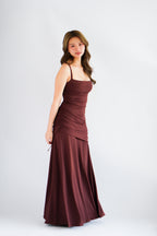 Waverly Ruched Drape Crossback Maxi Dress in Brown