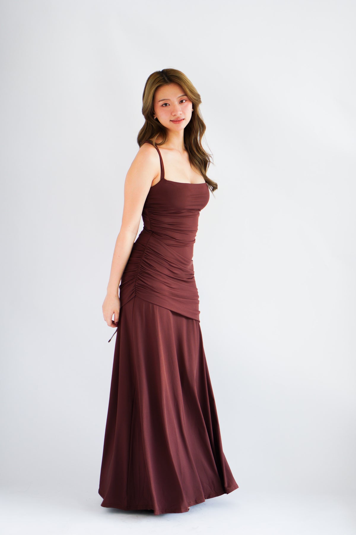 Waverly Ruched Drape Crossback Maxi Dress in Brown