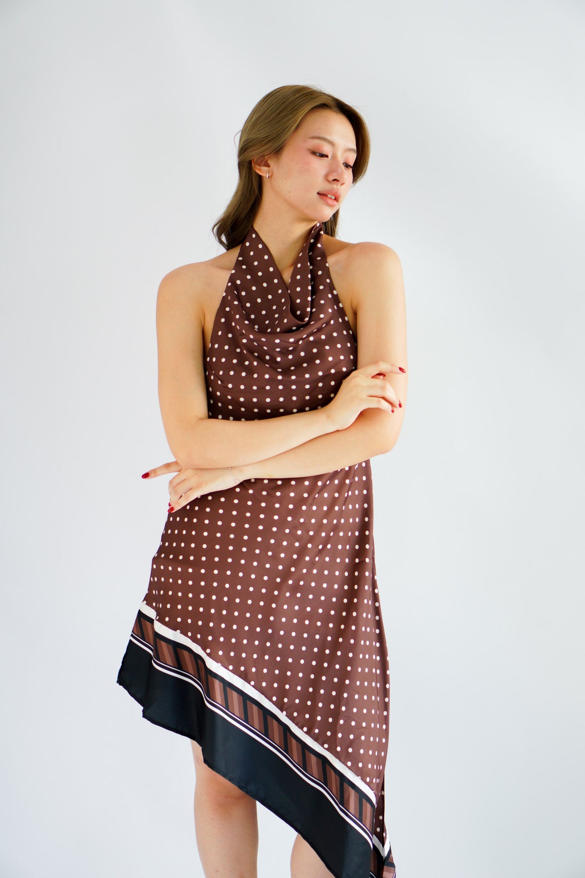 Briseis Halter Cowl Neck Polkadot Asymmetrical Dress in Brown