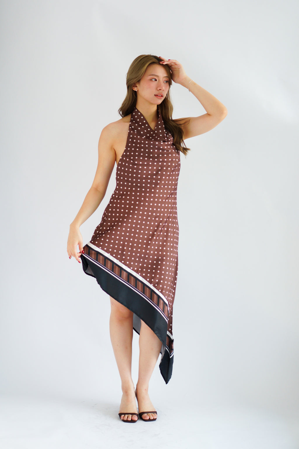 Briseis Halter Cowl Neck Polkadot Asymmetrical Dress in Brown