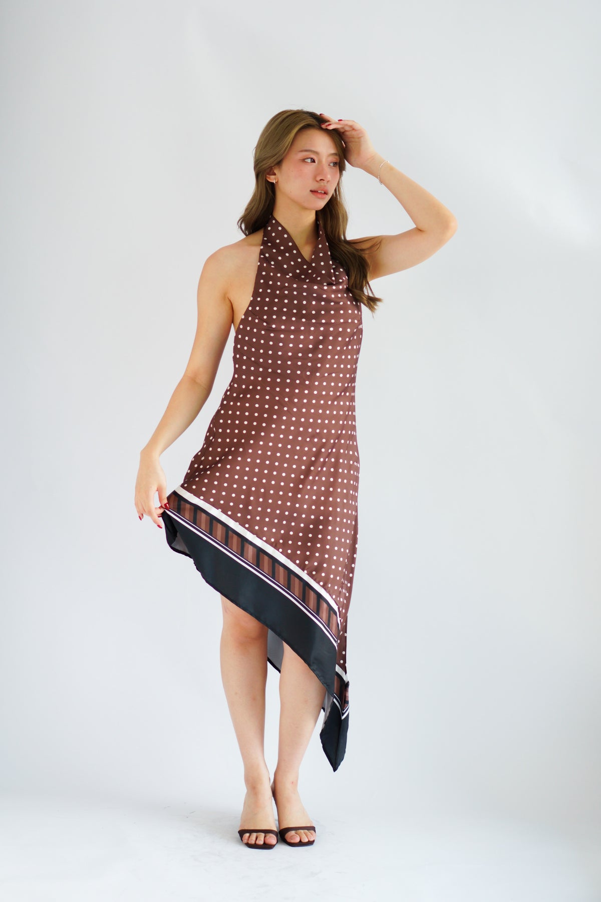 Briseis Halter Cowl Neck Polkadot Asymmetrical Dress in Brown