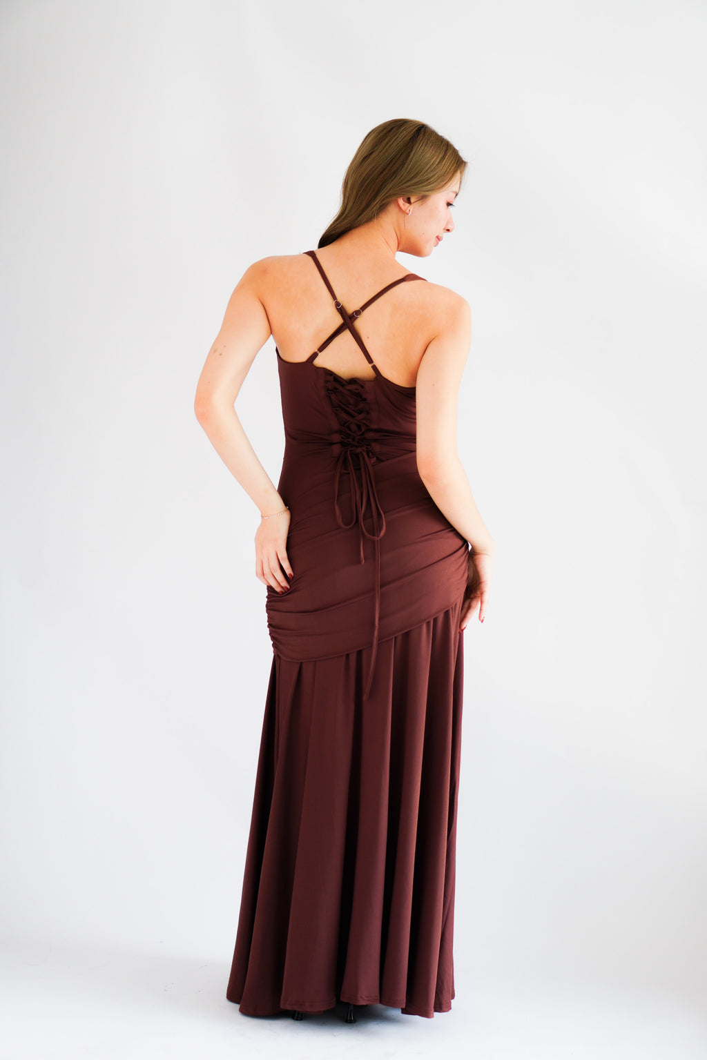 Waverly Ruched Drape Crossback Maxi Dress in Brown