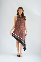 Briseis Halter Cowl Neck Polkadot Asymmetrical Dress in Brown