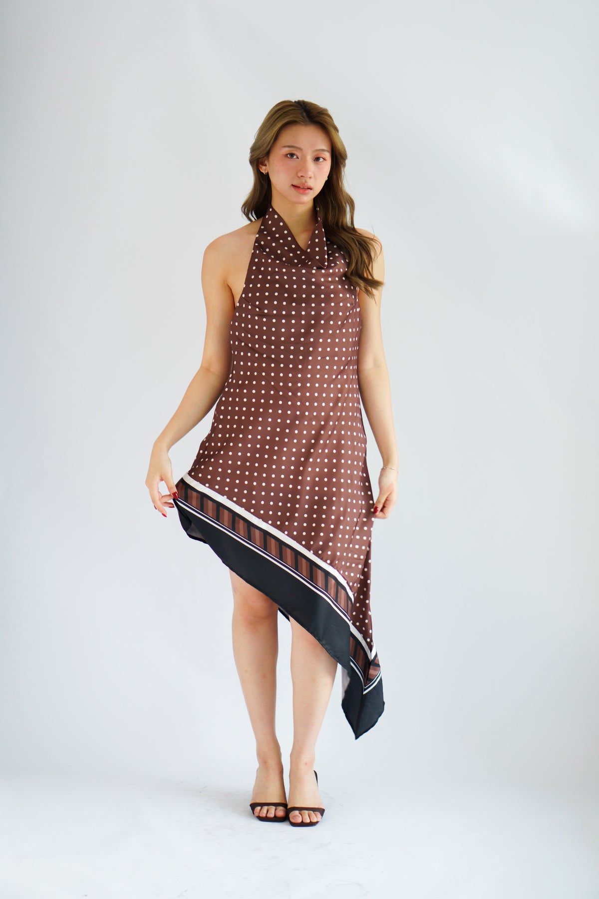 Briseis Halter Cowl Neck Polkadot Asymmetrical Dress in Brown