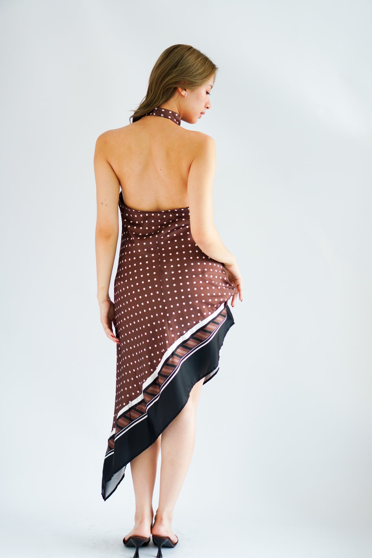 Briseis Halter Cowl Neck Polkadot Asymmetrical Dress in Brown