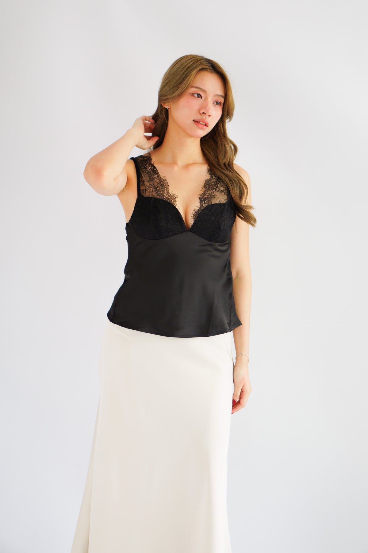 Toria Deep V Lace Satin Top in Black