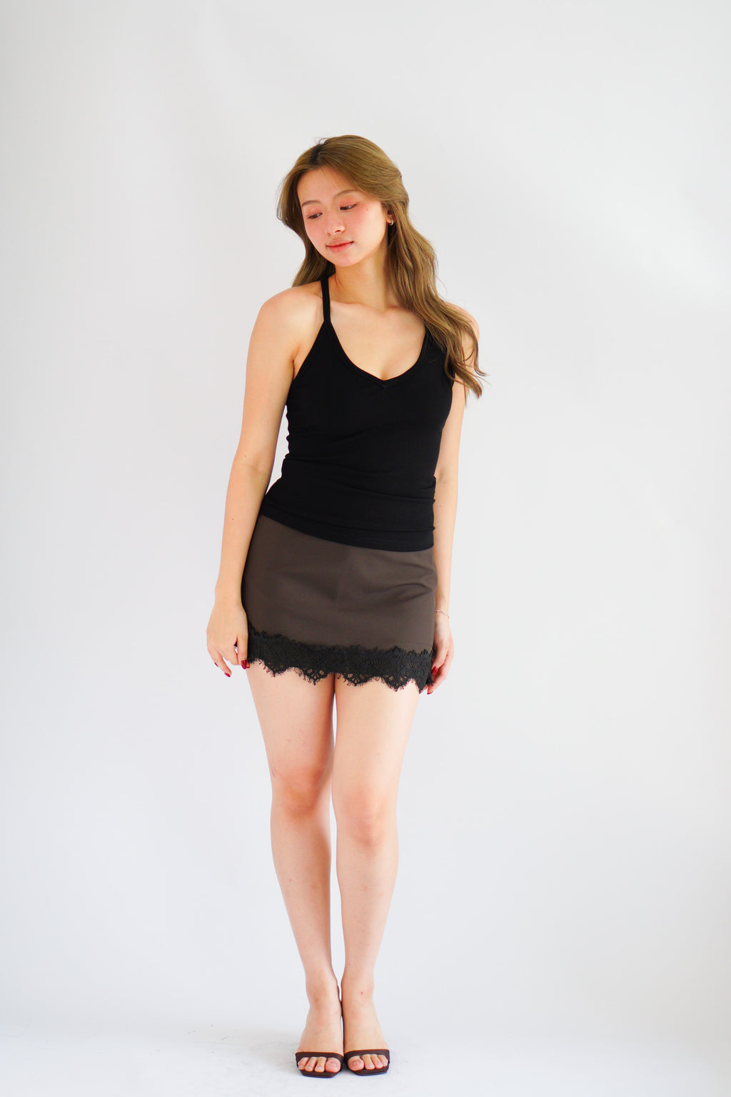 Ivara Mini Skirt with Lace in Dark Brown