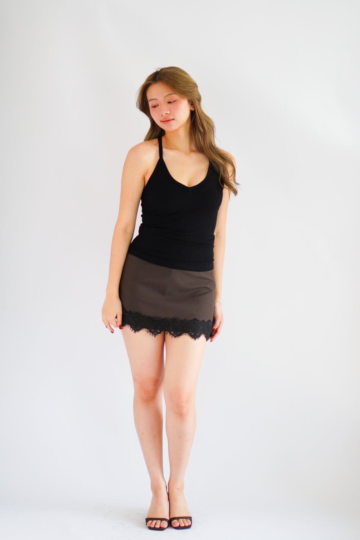 Ivara Mini Skirt with Lace in Dark Brown