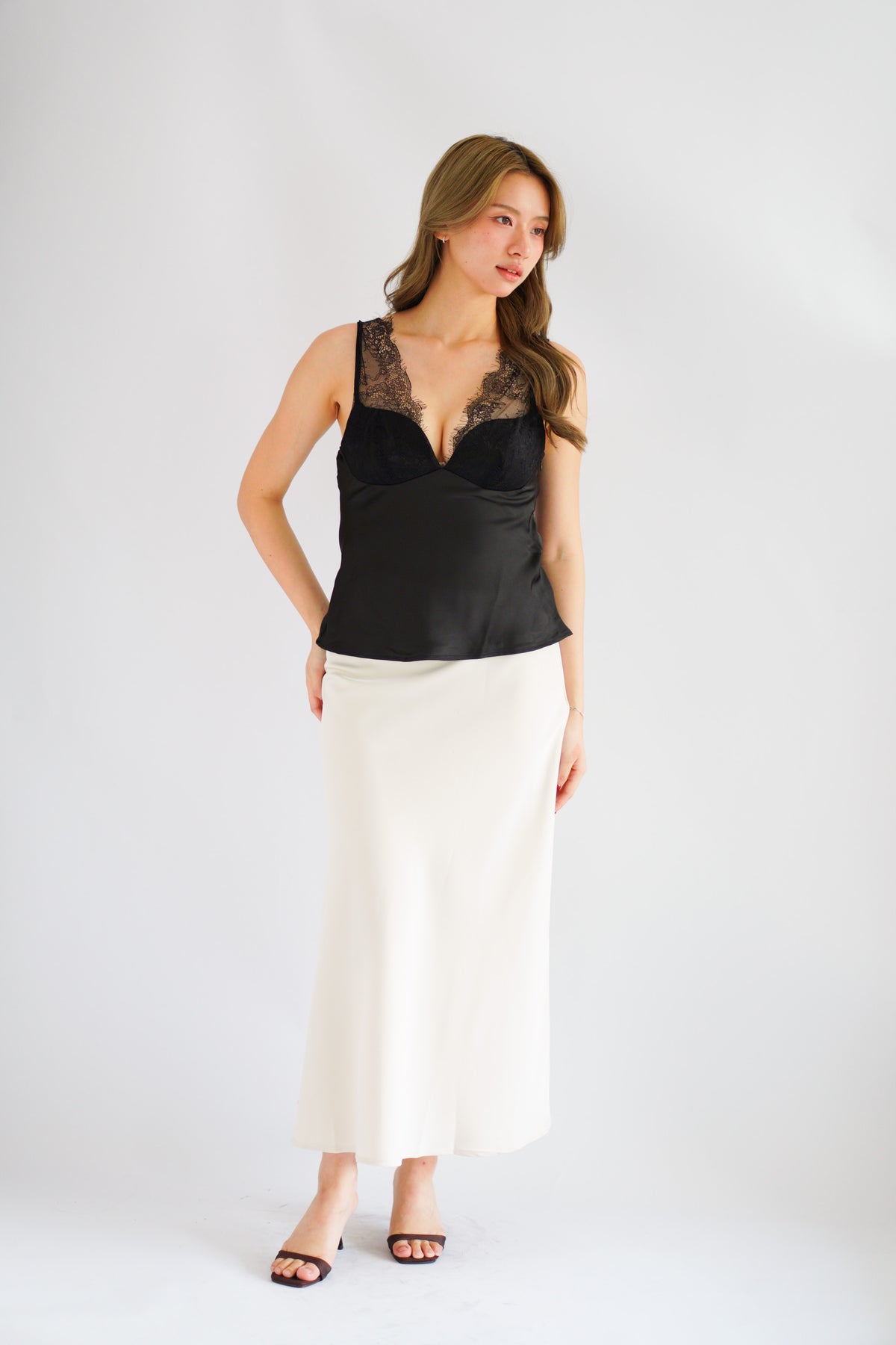 Toria Deep V Lace Satin Top in Black