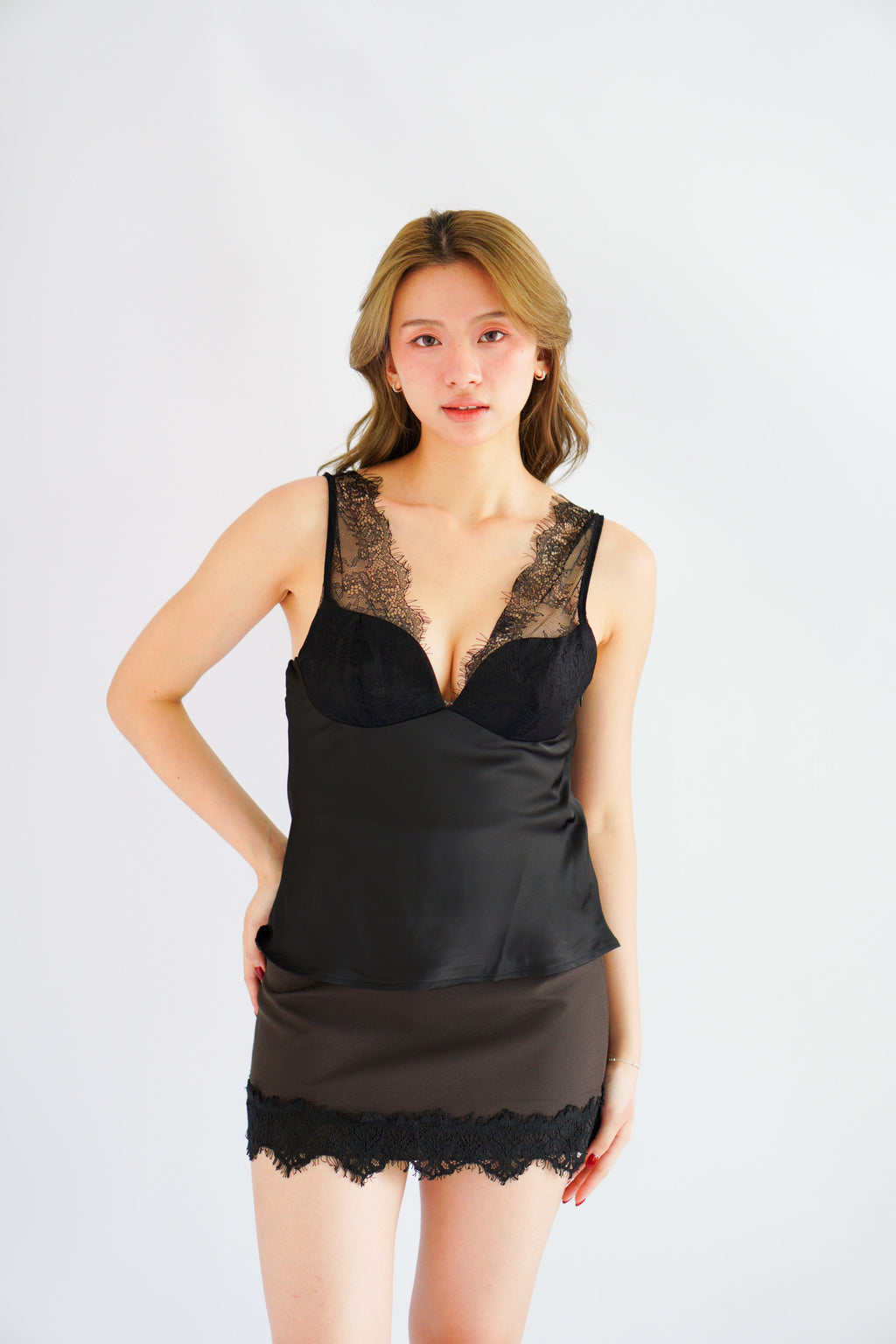 Toria Deep V Lace Satin Top in Black