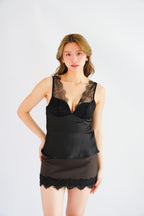 Toria Deep V Lace Satin Top in Black