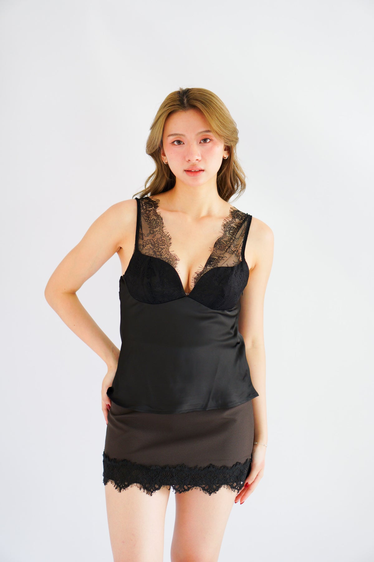 Toria Deep V Lace Satin Top in Black