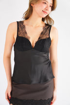 Toria Deep V Lace Satin Top in Black