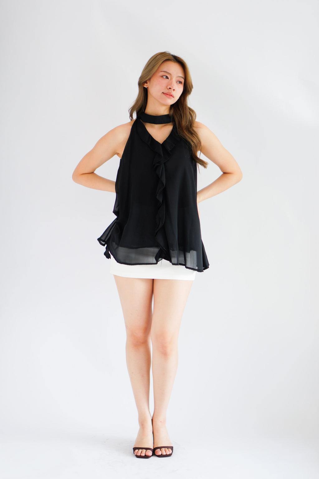 Nyra Ruffle Choker Dress Top in Black