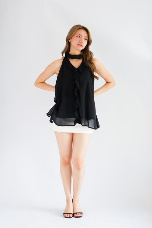 Nyra Ruffle Choker Dress Top in Black