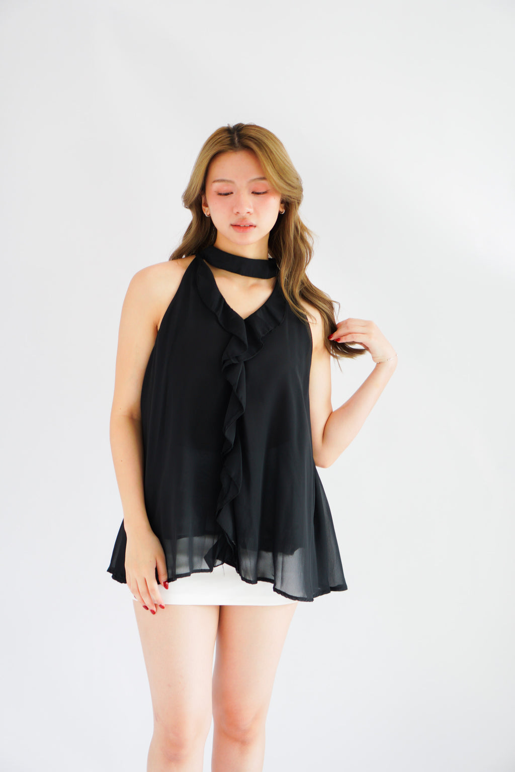 Nyra Ruffle Choker Dress Top in Black