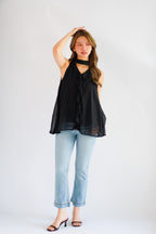 Nyra Ruffle Choker Dress Top in Black