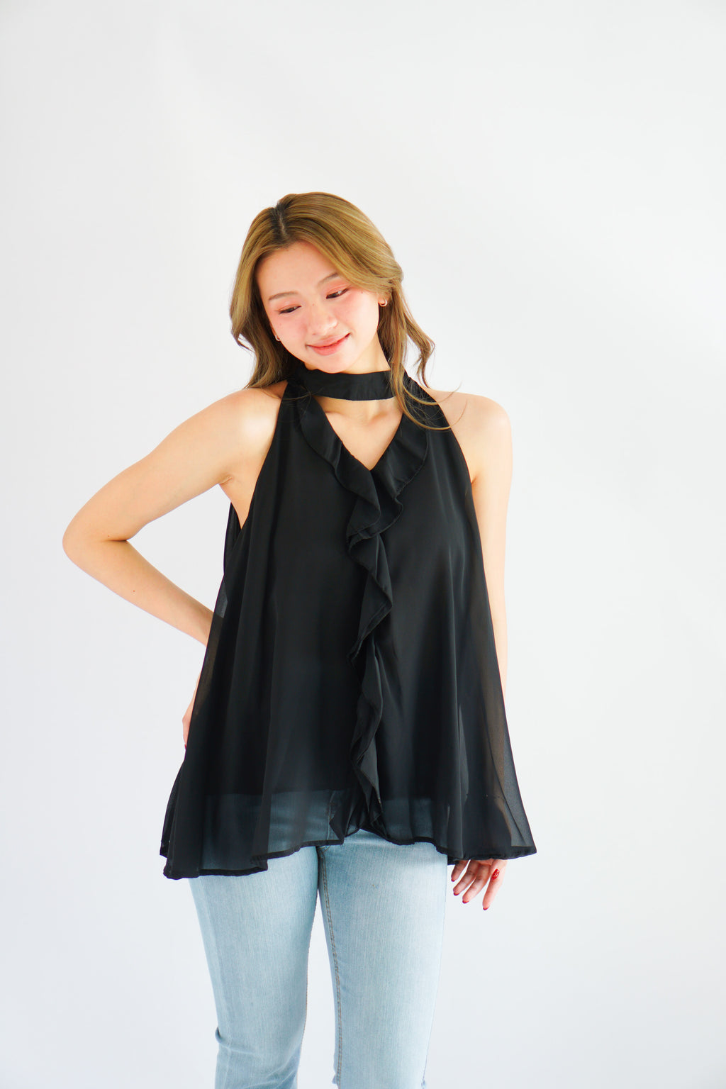 Nyra Ruffle Choker Dress Top in Black