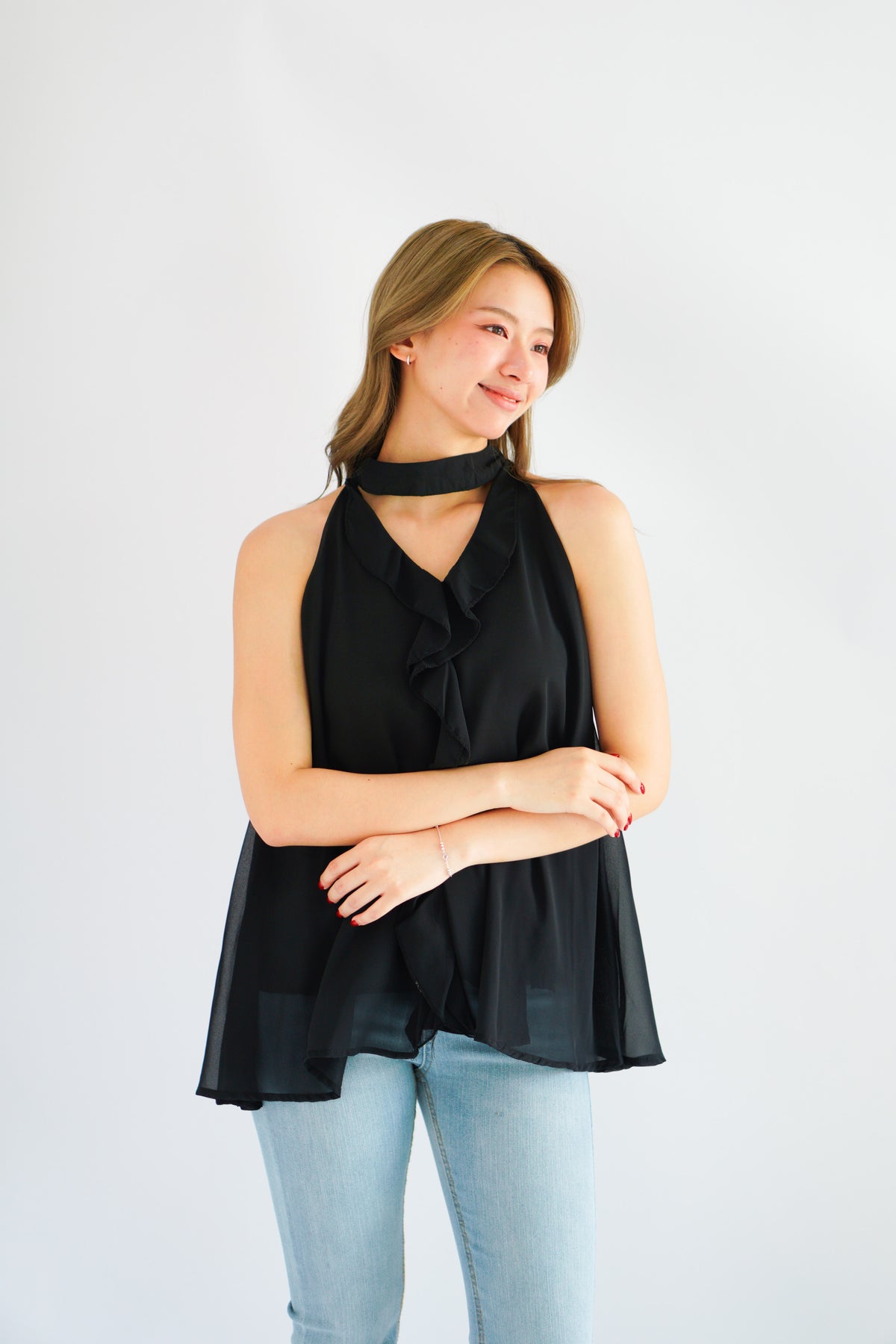 Nyra Ruffle Choker Dress Top in Black