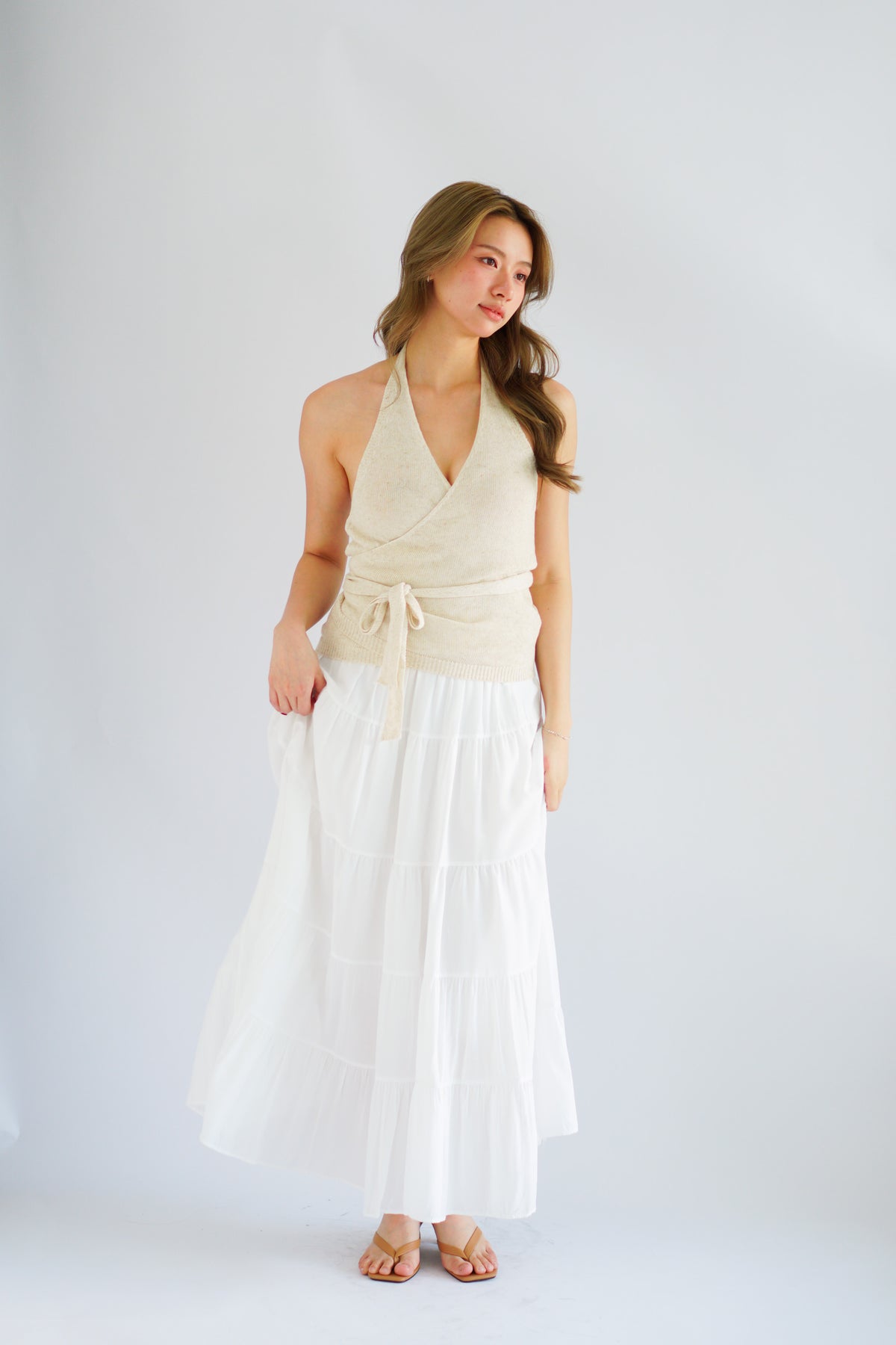 Nayeli V Neck Knit Self Wrap Top in Beige