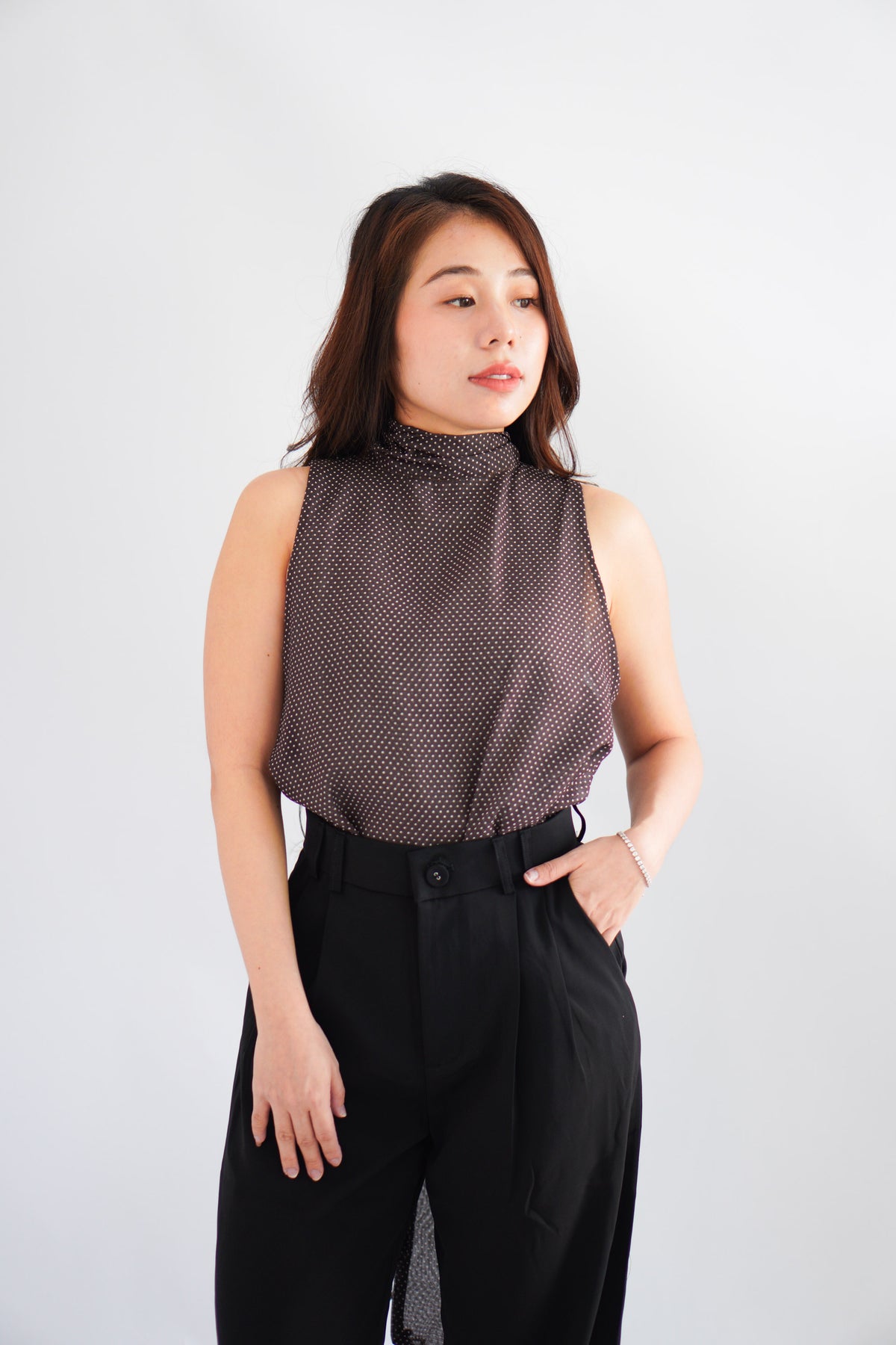 Valencia High Neck Polkadot Top in Brown
