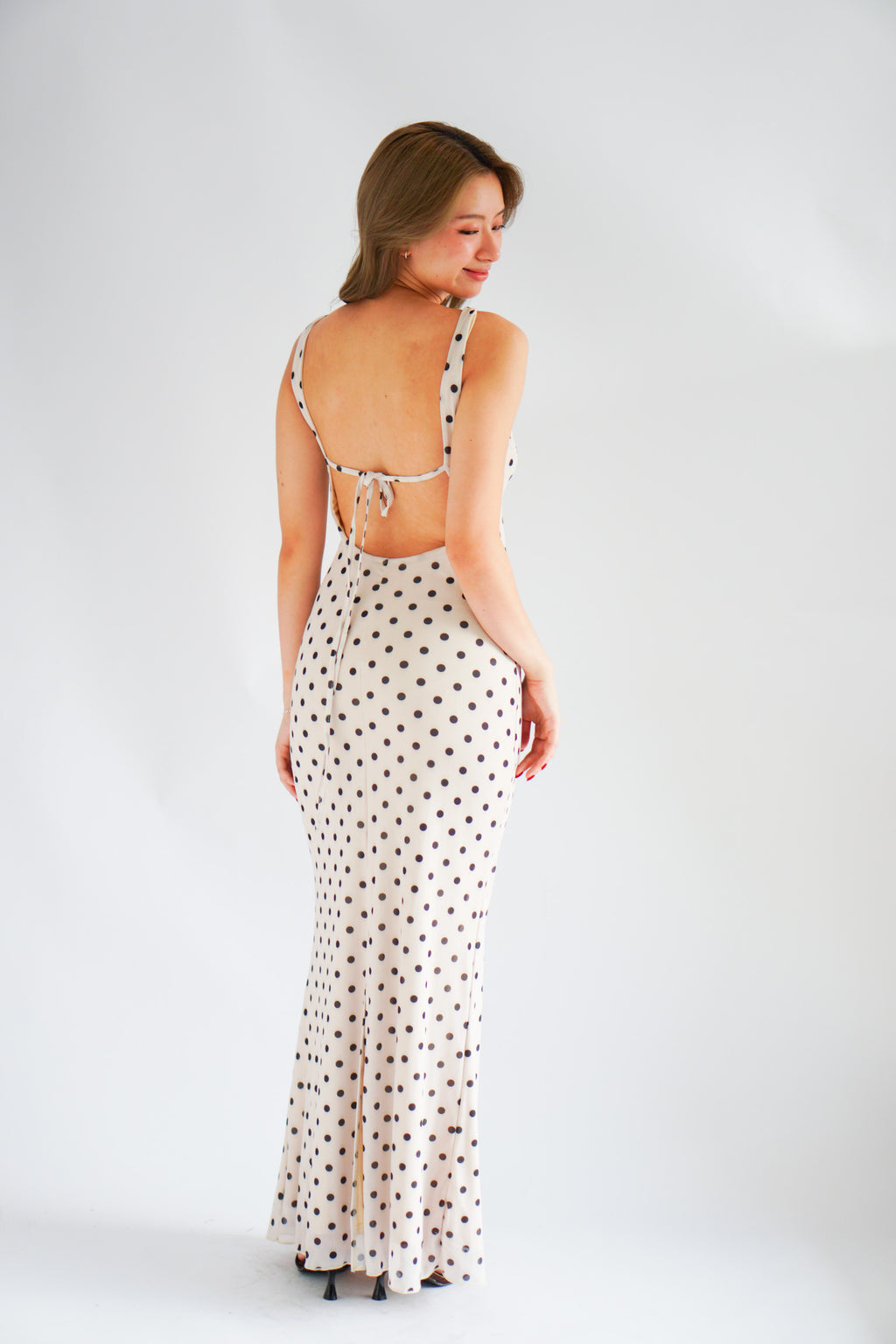 Lucille Polkadot Boat Neck Mesh Maxi Dress in Beige