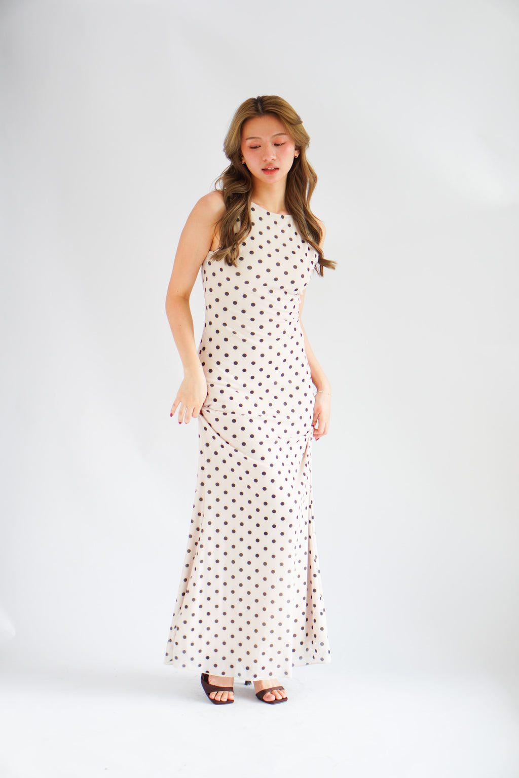 Lucille Polkadot Boat Neck Mesh Maxi Dress in Beige
