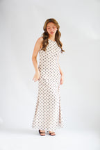 Lucille Polkadot Boat Neck Mesh Maxi Dress in Beige