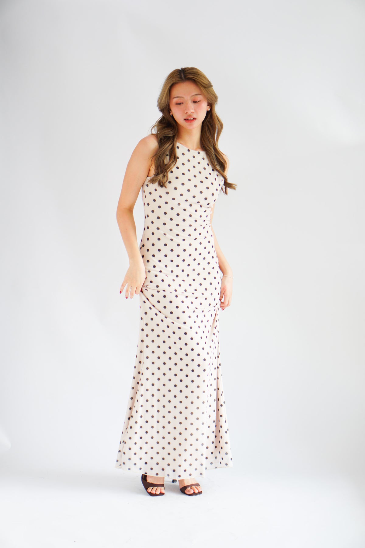 Lucille Polkadot Boat Neck Mesh Maxi Dress in Beige