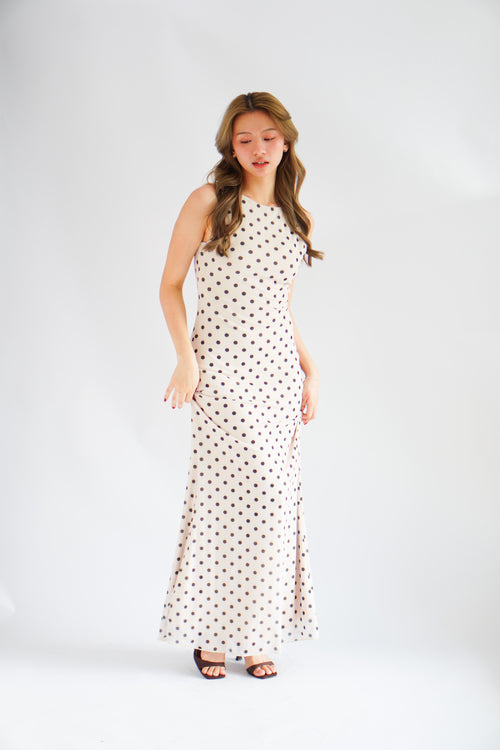 Lucille Polkadot Boat Neck Mesh Maxi Dress in Beige