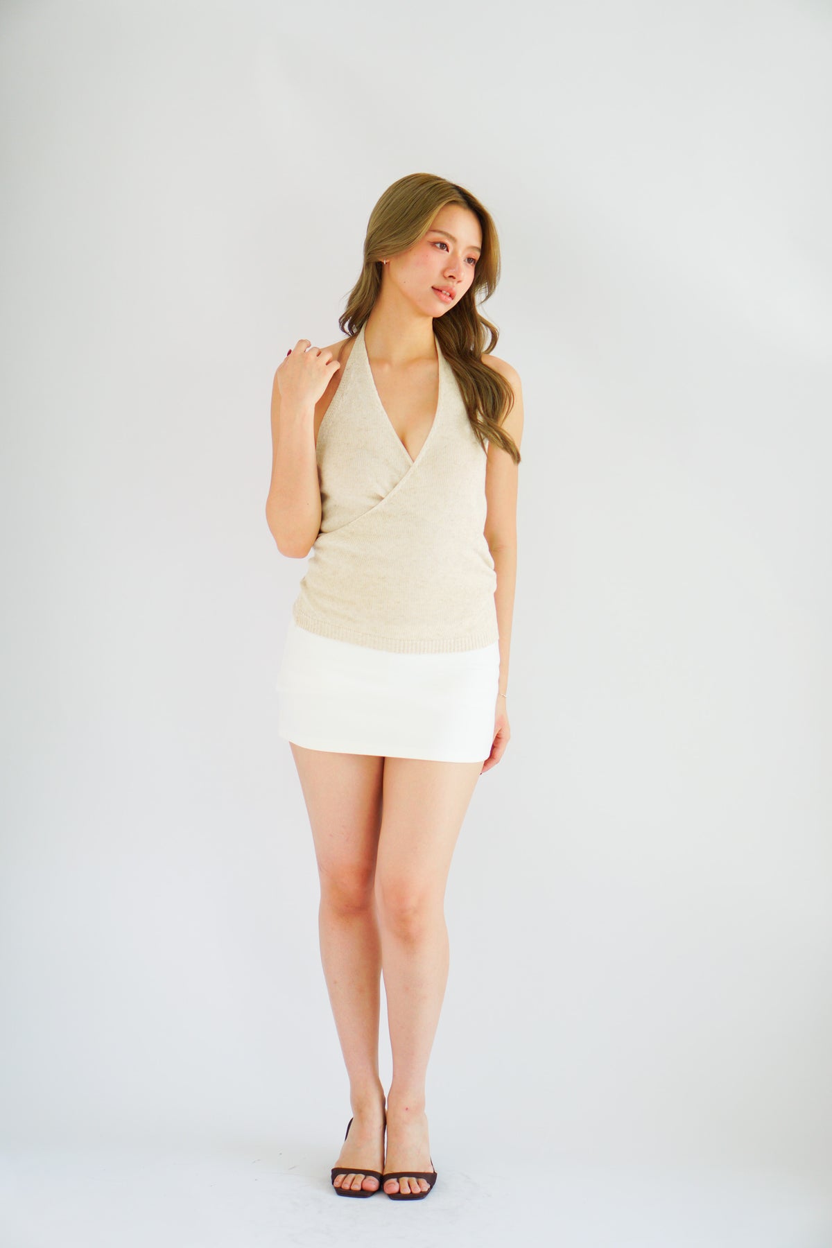 Nayeli V Neck Knit Self Wrap Top in Beige